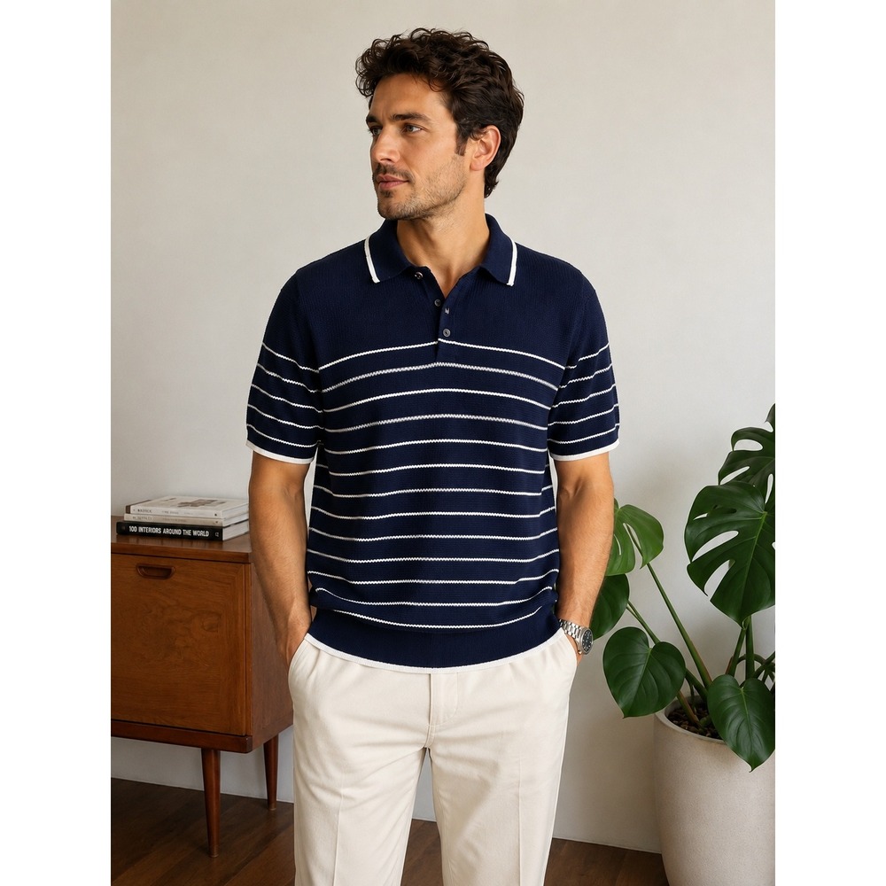 Ben Sherman Navy Striped Knit Polo Sweater XL resortwear coastal euro summer